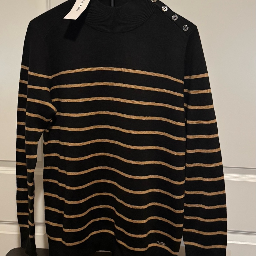 Calvin Klein
Black and Tan Striped Sweater with Button Detail
